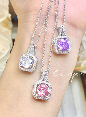 网红新款气质百搭八角玫瑰切黄钻方糖项链高碳钻艳丽彩宝方包吊坠