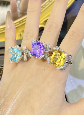 高端网红直播托帕蓝戒指祖母绿大钻紫水晶彩宝蝴蝶结满钻开口戒指