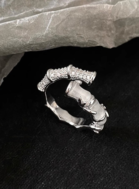 竹节猫眼石开口戒指女款清金箍棒个性复古时尚食指戒简约百搭指环