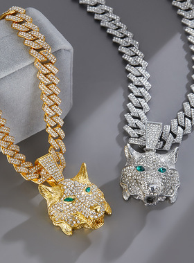 欧美立体动物狼头吊坠古巴项链