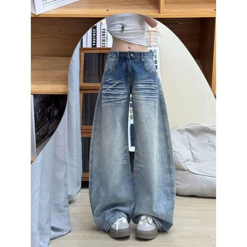 潮牌设计感闪电纹阔腿牛仔裤女小个子刺绣宽松显瘦遮肉直筒拖地裤 - 图1