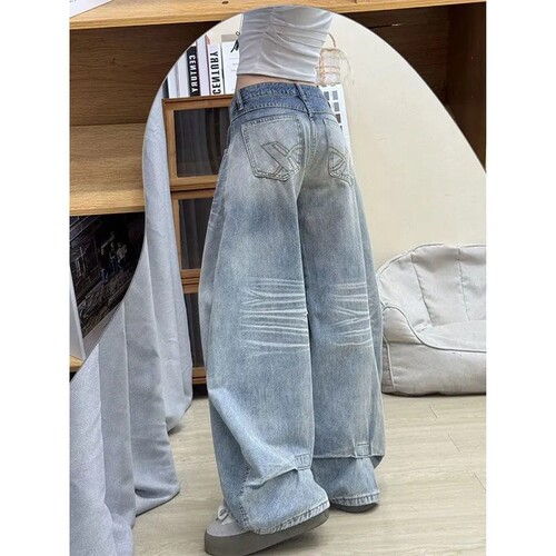 潮牌设计感闪电纹阔腿牛仔裤女小个子刺绣宽松显瘦遮肉直筒拖地裤 - 图0