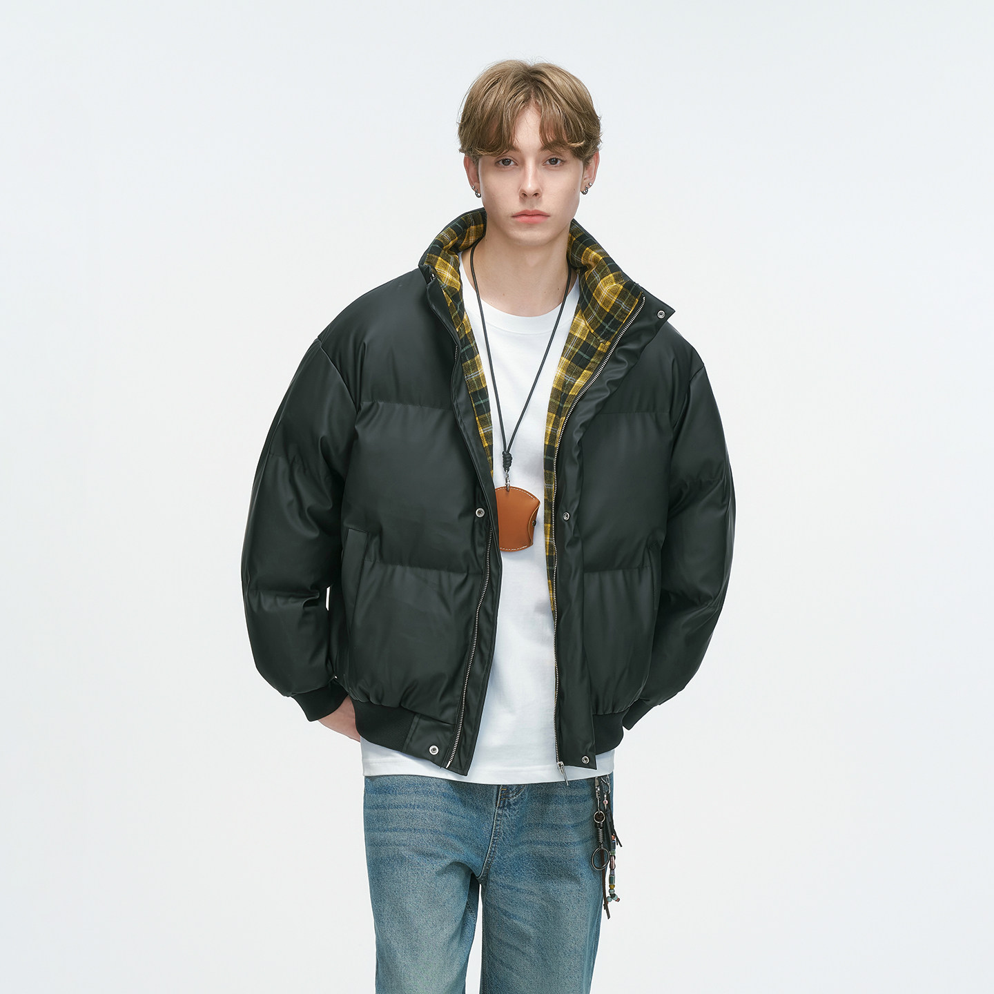 Dream made 美式格纹拼接短款PU皮棉服男冬季加厚面包服保暖棉衣,淘宝优惠券,粉丝福利购,淘宝优惠卷