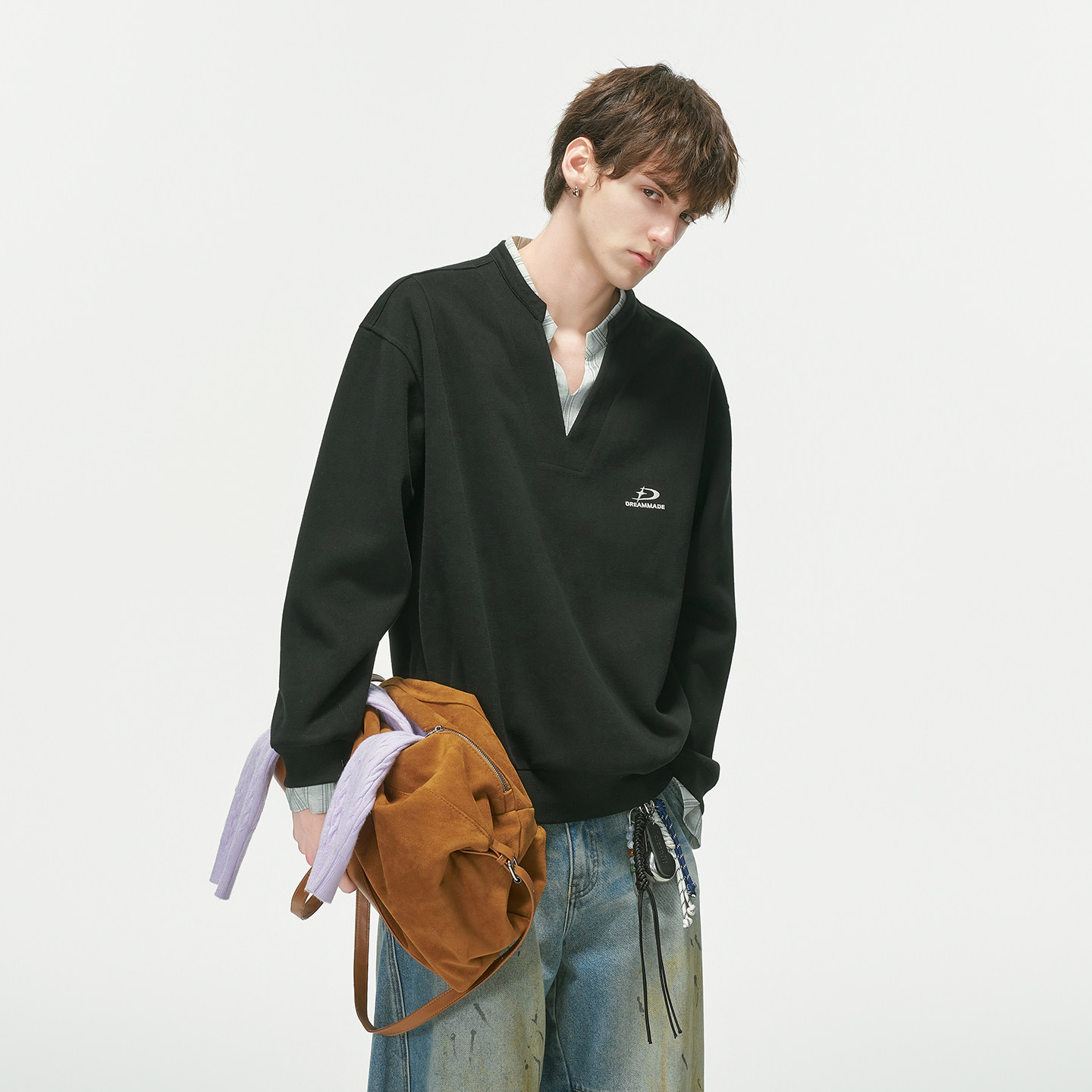 Dream made college style fake two-piece embroidered contrasting V-neck sweatshirt for men and women in autumn high-smart wear tops