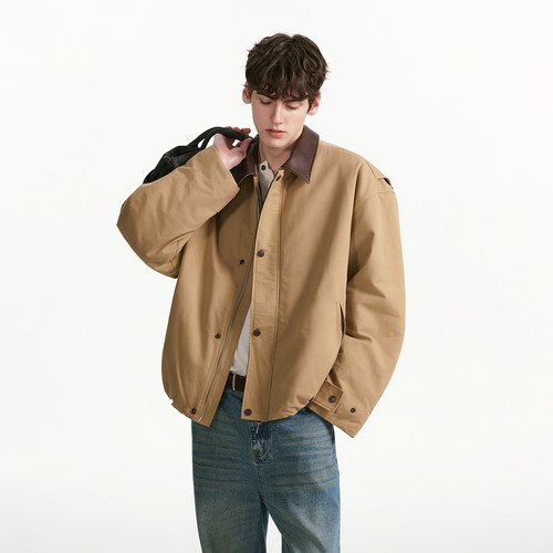 Dream made 美式巴恩风皮领棉服外套男冬季新款加绒加厚短宽棉衣 - 图3