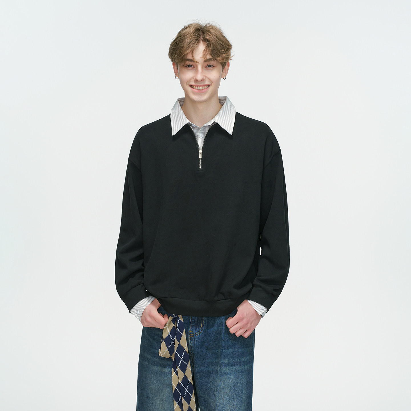 Dream made美式假两件衬衫领POLO衫卫衣男款春秋季半拉链内搭上衣,淘宝优惠券,粉丝福利购,淘宝优惠卷