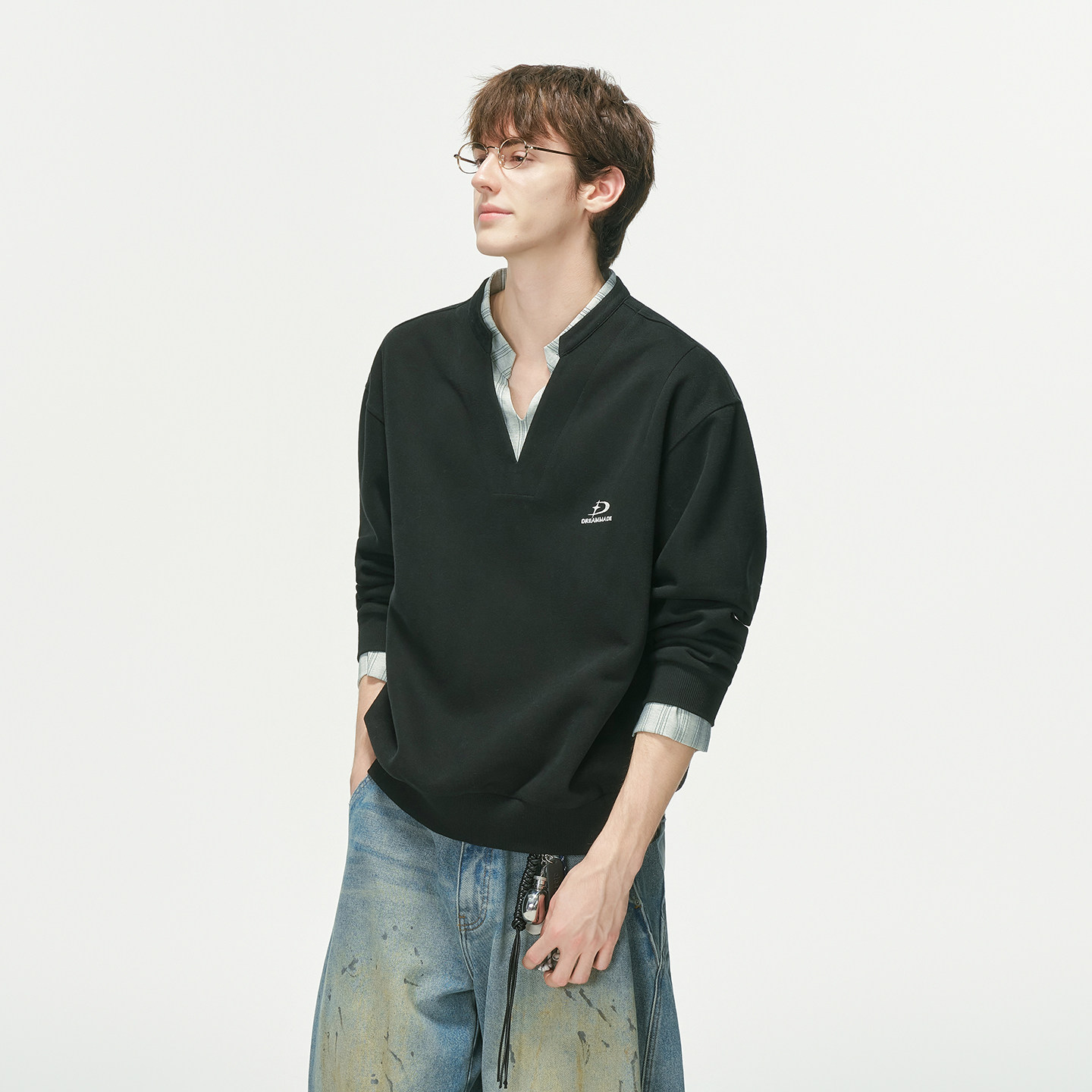 Dream made college style fake two-piece embroidered contrasting V-neck sweatshirt for men and women in autumn high-smart wear tops