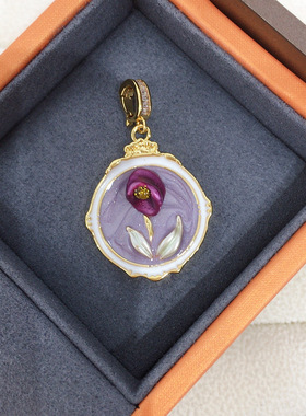 天然淡水珍珠巴洛克吊坠紫色花朵彩绘古油画风万能扣珍珠项链