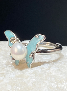 浙江诸暨天然淡水真珍珠极光戒指指环女款开口可调节独特蝴蝶戒指