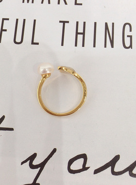 5A级高亮天然淡水珍珠戒指18K包金开口可调节鱼尾珍珠戒指