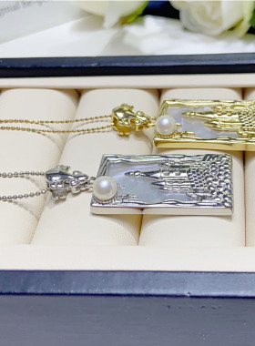 天然淡水珍珠法系精工豪华城堡吊坠正圆4mm珍珠s925纯银珍珠项链