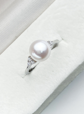 天然淡水珍珠戒指开口女款轻奢高级感高端诸暨正圆真珍珠指环纯银