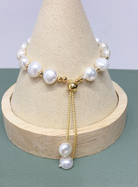 诸暨山下湖8-9mm巴洛克天然淡水珍珠手链可抽拉调节珍珠手饰