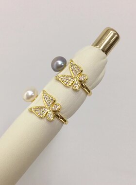 5A级高亮天然淡水珍珠戒指18K包金微镶锆石蝴蝶开口戒指