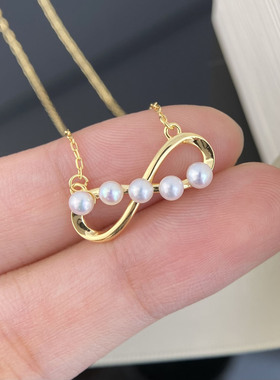 天然淡水珍珠多珠8字形吊坠正圆3-4mm珍珠s925纯银女士珍珠项链