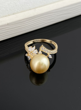 金珠海水珍珠镶钻花朵指环正圆10-11mm金色s925纯银珍珠戒指女款