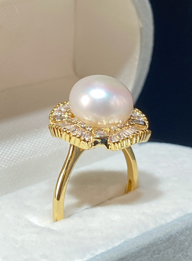 浙江诸暨天然淡水真珍珠戒指微镶锆石时尚气质开口可调节指环