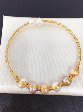 设计款绕丝手工款天然淡水珍珠手镯14K包金线ins小众手饰