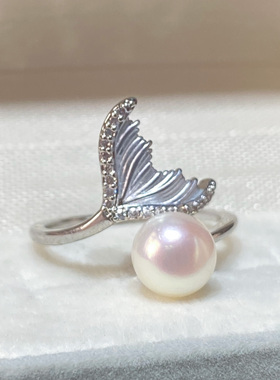 5A级高亮天然淡水真珍珠戒指18K包金微镶锆石开口鱼尾珍珠指环女