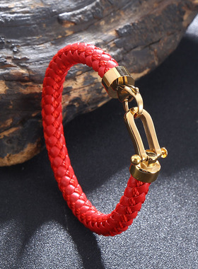 潮牌通用钛钢马蹄扣红色手链皮质