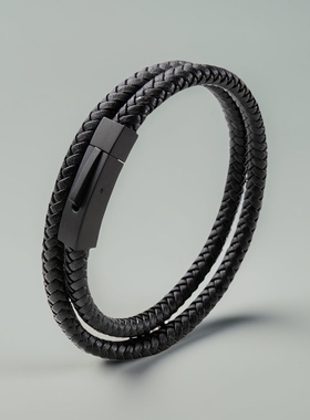 黑色编织皮绳手链男士复古真皮质手绳高级感双圈手环简约送男友潮