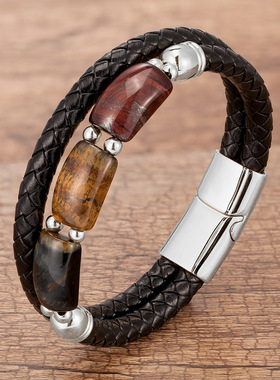 新中式高档多层手镯皮绳编织手绳小众气质虎眼石男士帅气手环礼物