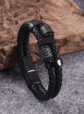 龙年男钛钢高级金色手链皮质