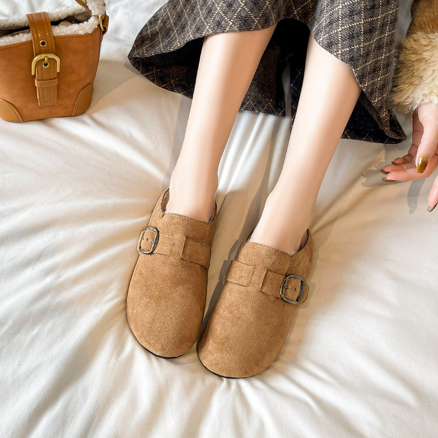 真皮~厚底加绒勃肯鞋女冬款包头半拖鞋外穿毛毛雪地棉拖大码女鞋,淘宝优惠券,粉丝福利购,淘宝优惠卷