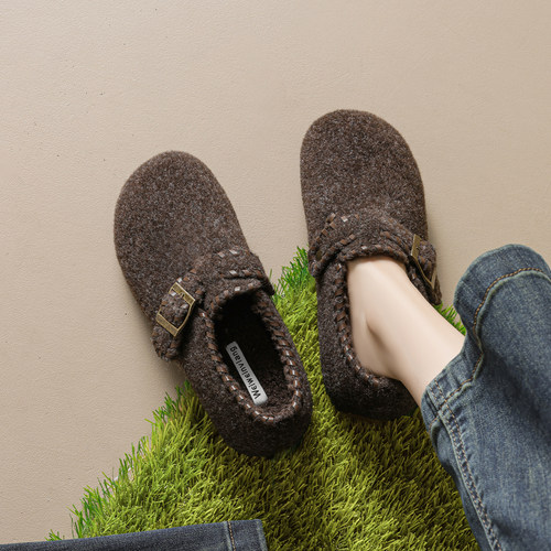 米霏~灰色厚底勃肯鞋女加绒内增高一脚蹬毛毛鞋博肯棉鞋大码女鞋 - 图1