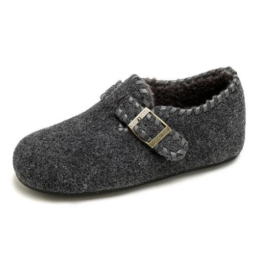 米霏~灰色厚底勃肯鞋女加绒内增高一脚蹬毛毛鞋博肯棉鞋大码女鞋 - 图3