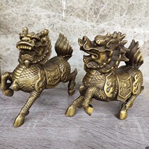 Ancient Playing Bronze Ware Collection Brass Kirin Pendulum a pair of brass big fire Kirin Home Living room Handicraft Pendulum