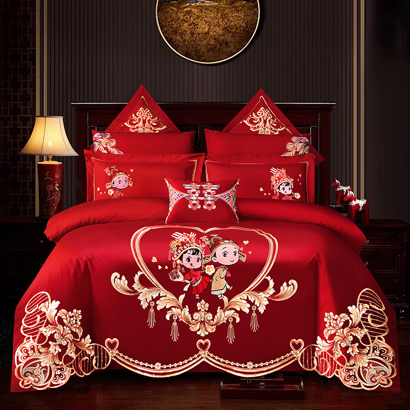 大红色婚庆结婚四件套床上用品1.5m18米床单被套新婚高档龙凤刺绣 - 图1