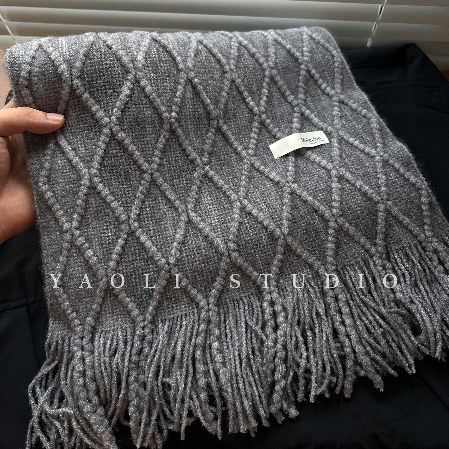YAOLI鱼尾灰～韩系菱形麻花针织流苏围巾女秋冬保暖防寒护颈围脖,淘宝优惠券,粉丝福利购,淘宝优惠卷