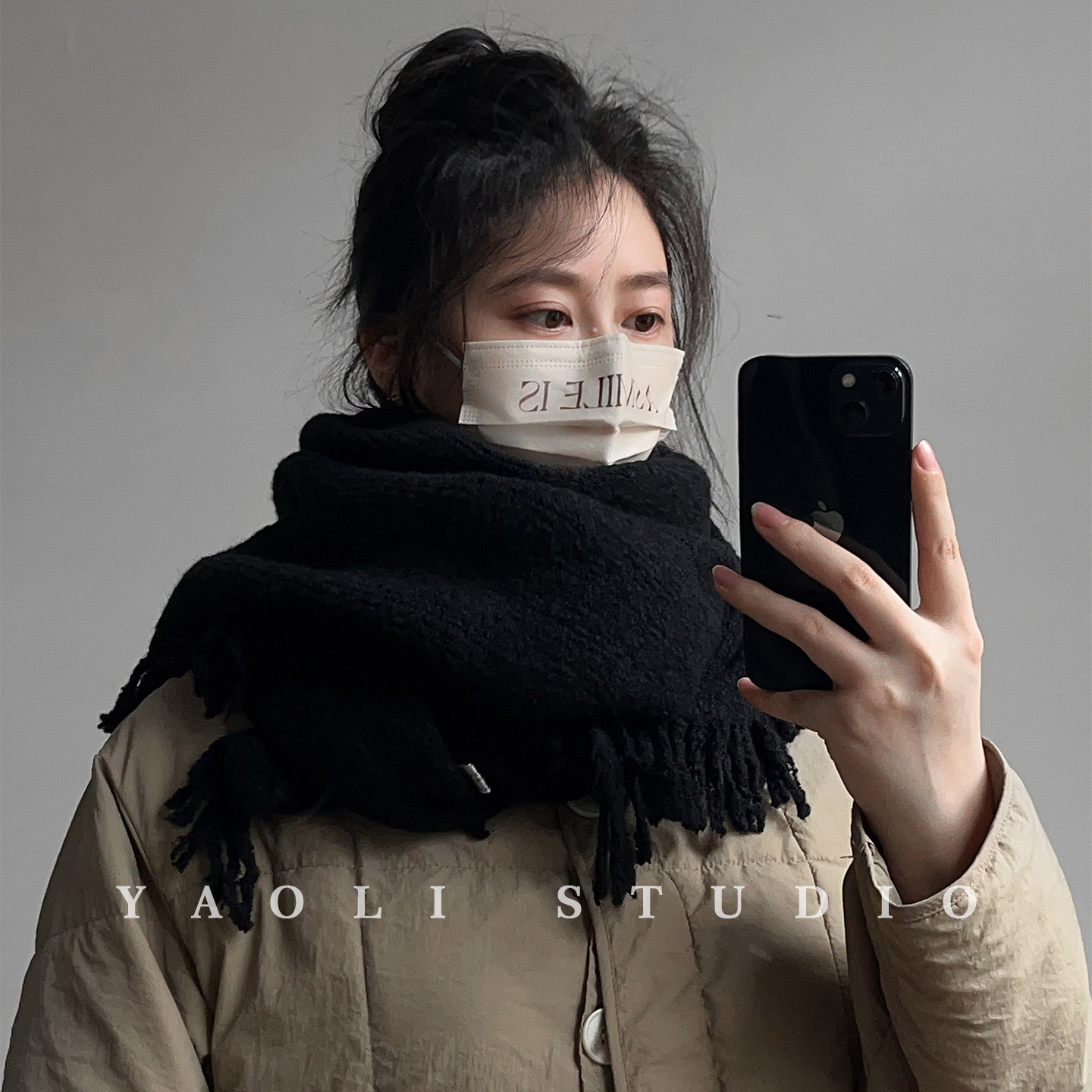 YAOLI午夜黑～含羊毛流苏三角巾形围巾女秋冬保暖防寒披肩围脖韩,淘宝优惠券,粉丝福利购,淘宝优惠卷