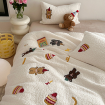 Card Ventilated Autumn Winter Thickened cotton cashmere Four pieces Cute Little Bear Embroidery Quilt Cover Warm Milk Suede Bedding