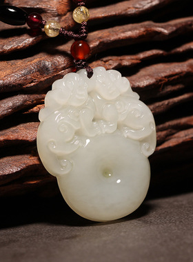 普陀山和田玉双貔貅吊坠貔恘男女款平安扣玉石皮休玉坠皮丘挂件
