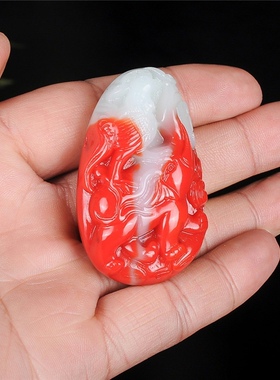 青峰玉业和田红白玉新疆鸡血玉吊坠玉手把件红玉鸡象吉祥如意挂件