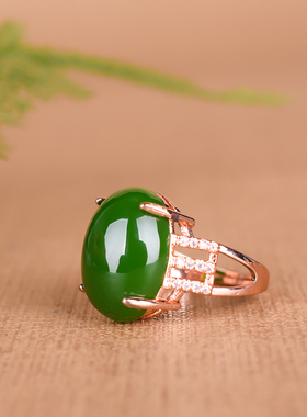 青峰玉业和田碧玉戒指925银镶嵌饰品镶玉戒指女士款流行首饰时尚