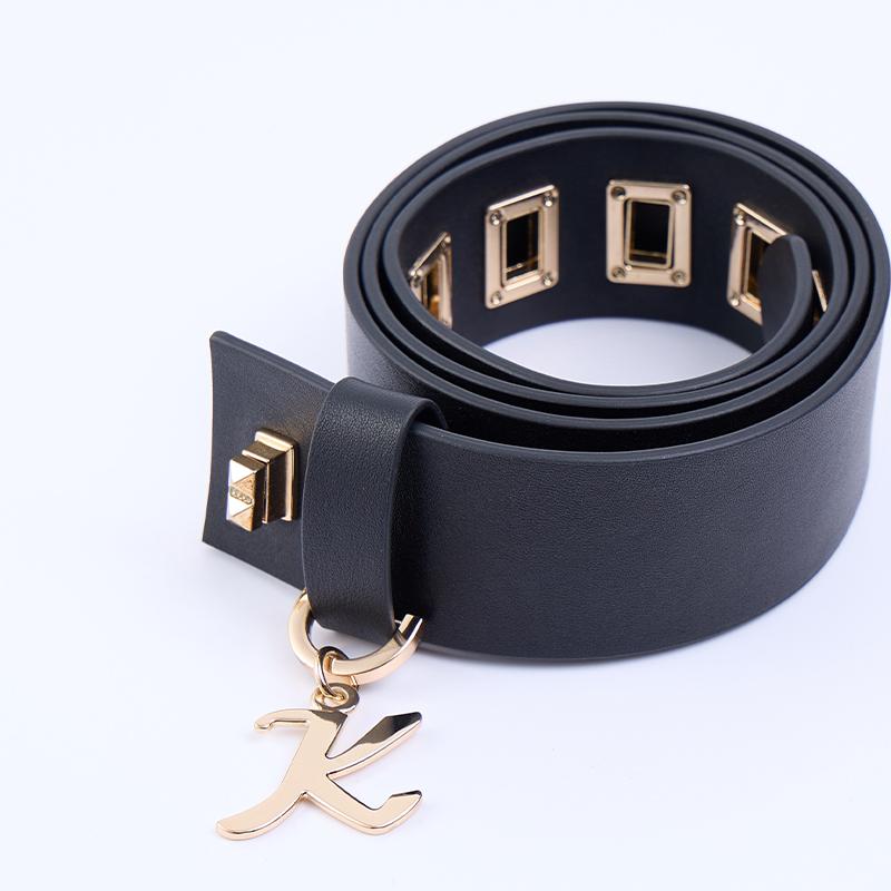 KODICE黑色牛皮革腰带皮带方形孔K字母吊坠设计款小众时尚流行 - 图1