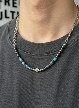 天然石蓝色十字架莫比乌斯项链男生锁骨链钛钢小众设计高级感百搭