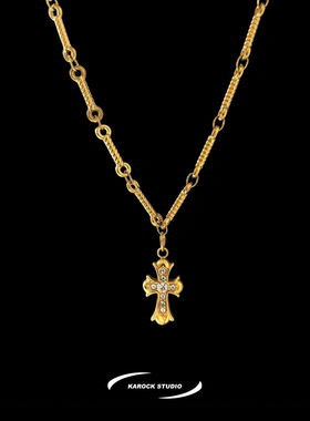 美式纽棍镶钻小花十字架钛钢项链男女百搭ins小众设计轻奢高级感