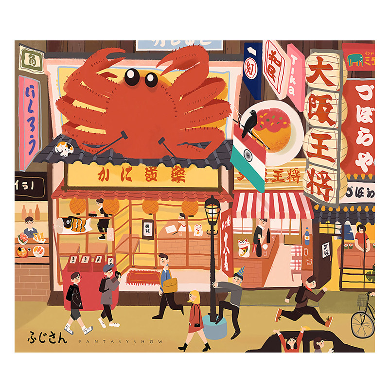 手绘日式东京系列插画街景挂布居酒屋背景布装饰卧室墙壁面挂毯