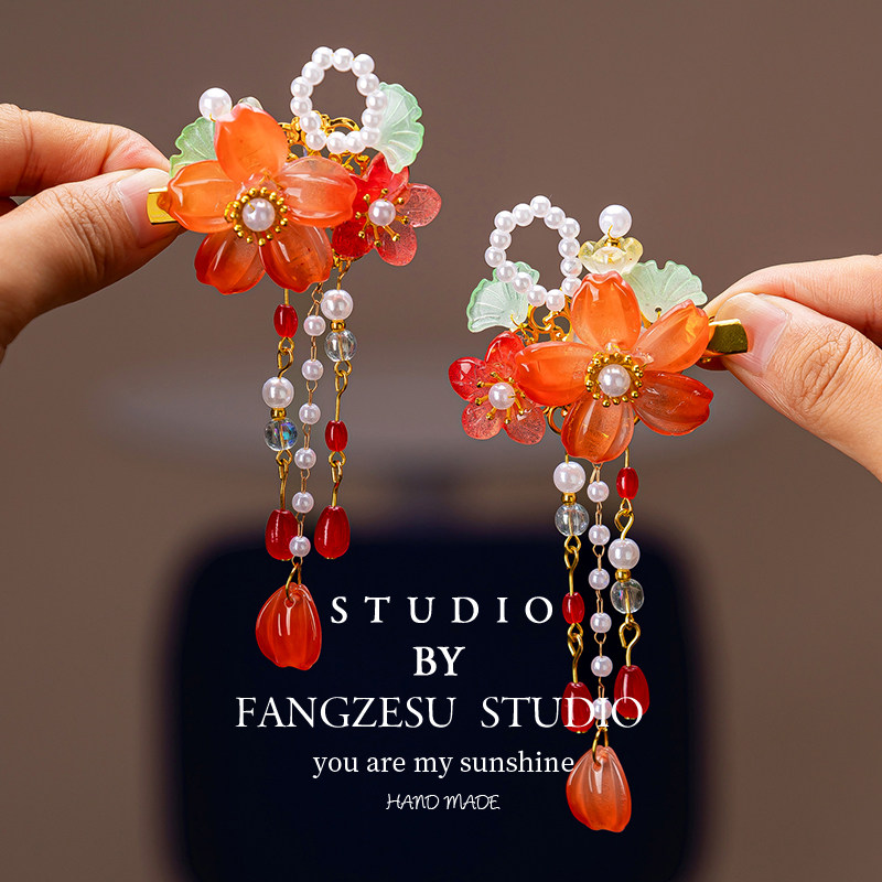 2026儿童古风头饰汉服国风花朵流苏发夹马年宝宝喜庆红色新年对夹,淘宝优惠券,粉丝福利购,淘宝优惠卷