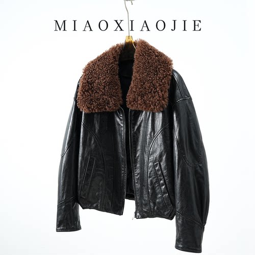 欧洲站2025冬新款高级感羊羔毛毛领真皮羽绒服女鹅绒外套皮夹克 - 图1