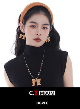 美拉德木质蝴蝶结吊坠项链女秋冬