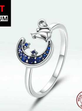 外贸饰品纯银月亮猫咪戒指镀玫瑰金时尚s925开口戒简约款流行指环