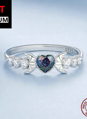 饰品跨境复古风爱心弯月戒指s925纯银镀白金百搭心形指环饰品女