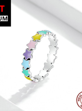 跨境百搭饰品原创纯银彩色星星戒指 s925滴油精致可爱五角星指环