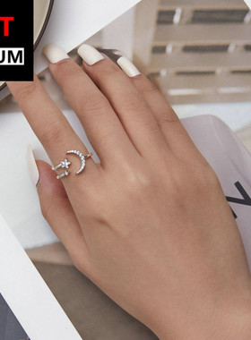 跨境百搭饰品纯银s925星月开口戒指 简约锆石五角星月牙指环手饰