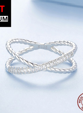 饰品跨境气质闪耀双层X形时尚戒指s925纯银镀白金百搭指环饰品女